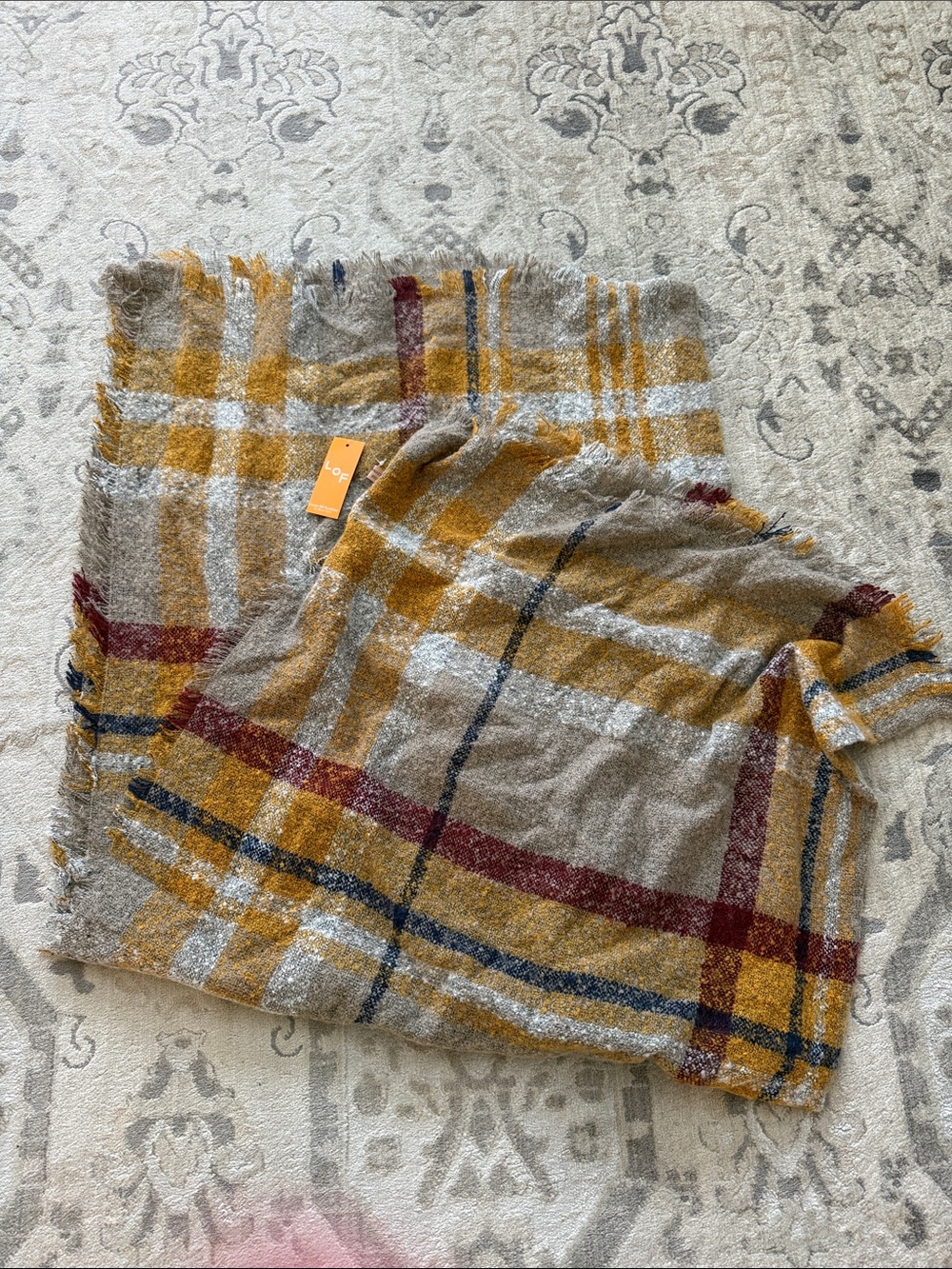 Cozy Plaid Blanket Scarf in Mustard & Taupe